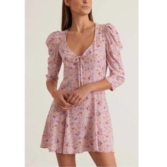 NWT LoveShackFancy Juree Floral Silk 3/4 Sleeve VNeck Mini Dress Pink Dust Storm - Picture 2 of 16